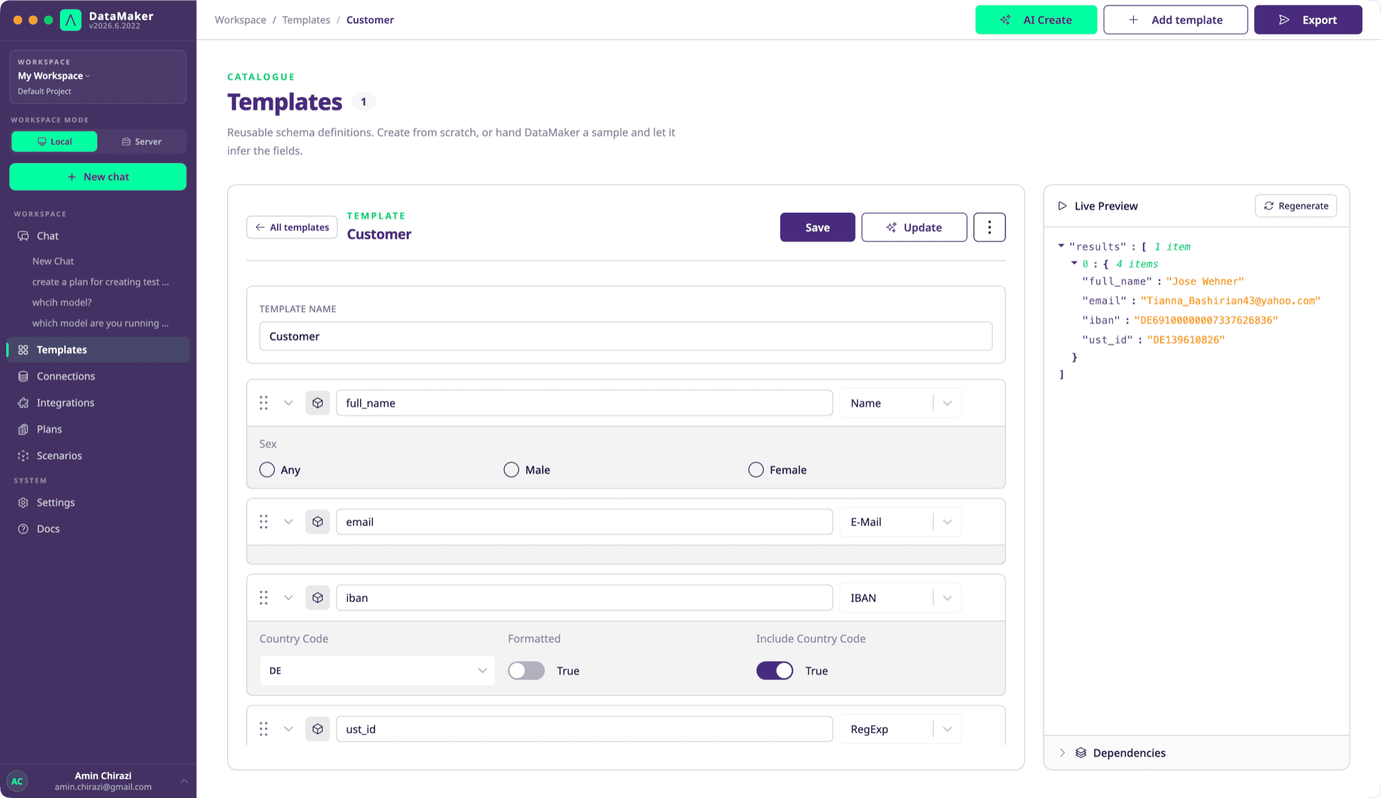 Field options in the template editor